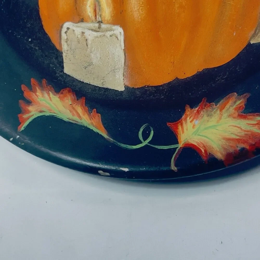 Primitive Simple Blessings Autumn Fall Plate Black w/ Pumpkin Hand Painted  9”